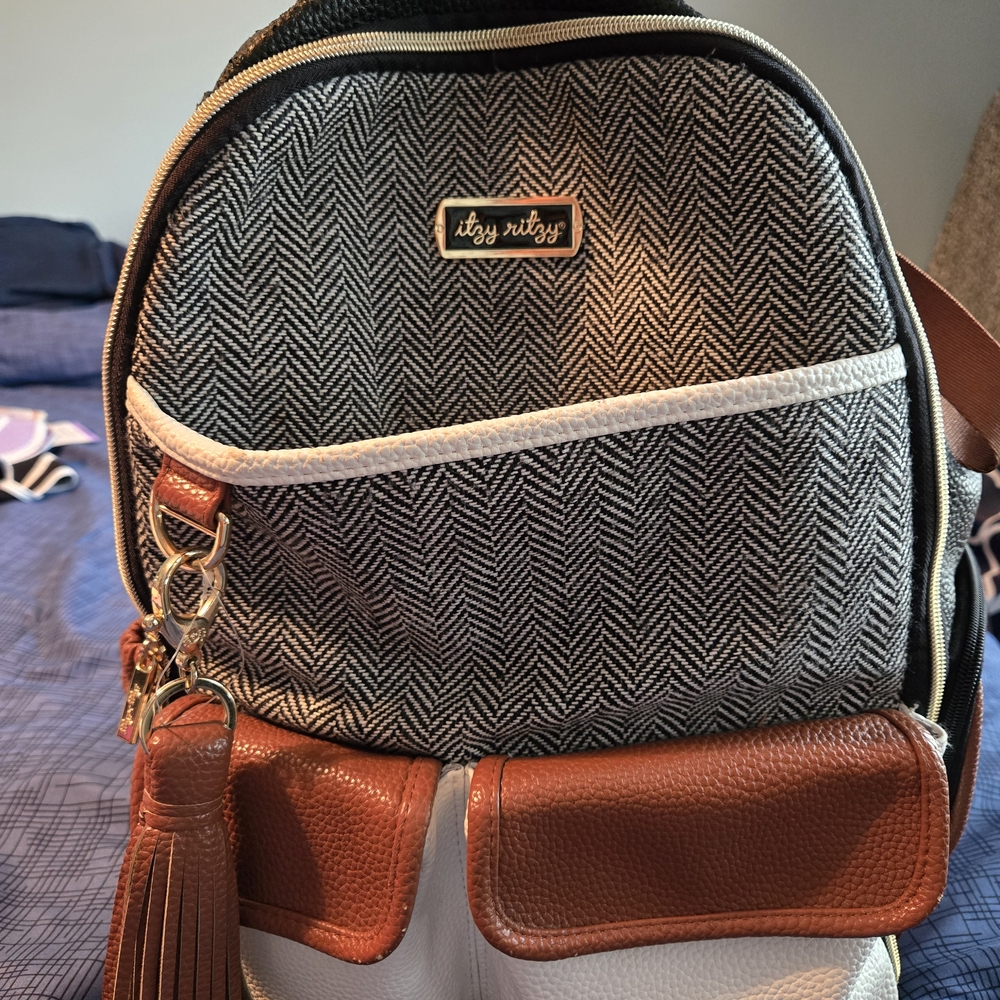 Itzy Ritzy Herringbone Backpack with Brown and White Details